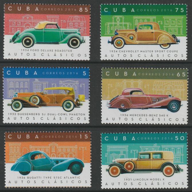 Cuba 2016 Cars of the 1930's perf set of 6 unmounted mint, stamps on , stamps on  stamps on cars