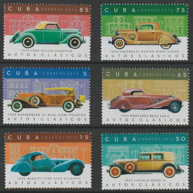 Cuba 2016 Cars of the 1930s perf set of 6 unmounted mint, stamps on cars