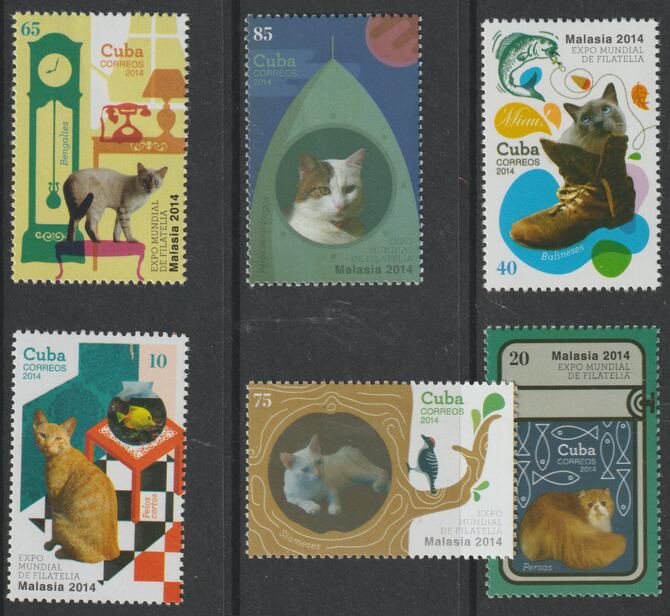 Cuba 2014 Domestic Cats - Malaysia Expo perf set of 6 unmounted mint, stamps on cats, stamps on telephones, stamps on fish, stamps on birds