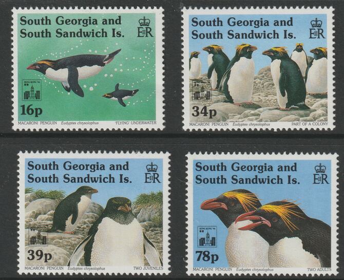 South Georgia & the South Sandwich Islands 1993 Macaroni perf set of 4 overprinted for Hong Kong Stamp Exhibitionunmounted mint SG 243-246, stamps on , stamps on  stamps on birds, stamps on  stamps on penguins, stamps on  stamps on polar, stamps on  stamps on stamp exhibitions, stamps on  stamps on stampex