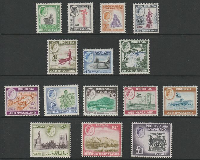 Rhodesia & Nyasaland 1959 QEII Pictorial def set 15 values complete lightly mounted mint, SG 18-31, stamps on 