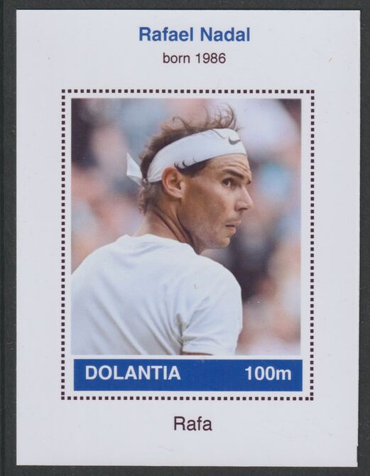 Dolantia (Fantasy) Rafael Nadal imperf deluxe sheetlet on glossy card (75 x 103 mm) unmounted mint, stamps on personalities, stamps on tennis