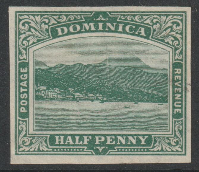Dominica 1907 Roseau MCA 1/2d  imperf plate proof in issued coloue on ungummed watermarked paper, as SG 37, stamps on 
