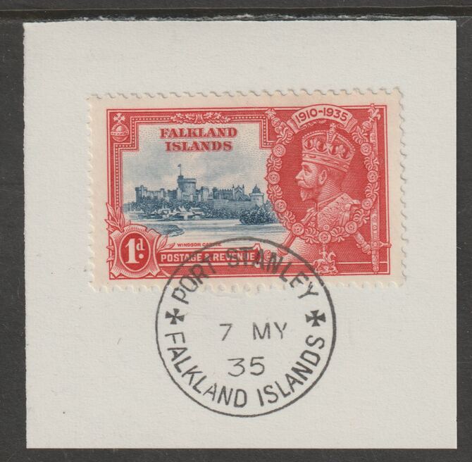 Falkland Islands 1935 KG5 Silver Jubilee 1d (SG 139) on piece with full strike of Madame Joseph forged postmark type 155 (Note the Broken Y but missing the  code letter 'dot', stamps on , stamps on  stamps on , stamps on  stamps on  kg5 , stamps on  stamps on silver jubilee, stamps on  stamps on castles , stamps on  stamps on forgery