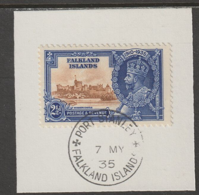 Falkland Islands 1935 KG5 Silver Jubilee 2.5d (SG 140) on piece with full strike of Madame Joseph forged postmark type 155 (Note the Broken Y but missing the  code letter..., stamps on , stamps on  kg5 , stamps on silver jubilee, stamps on castles , stamps on forgery