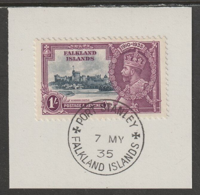 Falkland Islands 1935 KG5 Silver Jubilee 1s (SG 142) on piece with full strike of Madame Joseph forged postmark type 155 (Note the Broken Y but missing the  code letter d..., stamps on , stamps on  kg5 , stamps on silver jubilee, stamps on castles , stamps on forgery