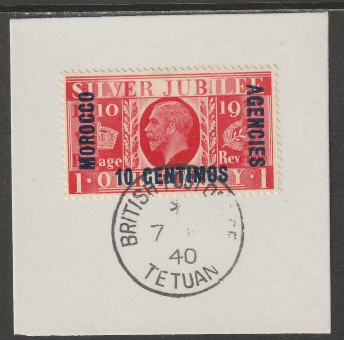 Morocco Agencies - Spanish 1935 KG5 Silver Jubilee 10c on 1d (SG 150) on piece with full strike of Madame Joseph forged postmark type 89, stamps on , stamps on  stamps on , stamps on  stamps on  kg5 , stamps on  stamps on silver jubilee, stamps on  stamps on castles , stamps on  stamps on forgery