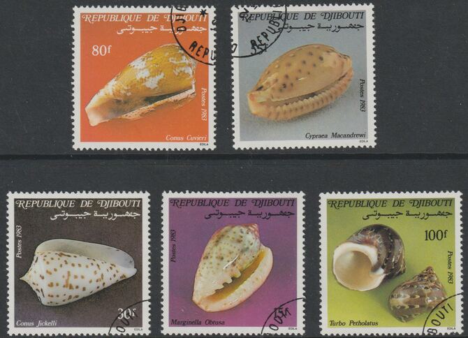 Djibouti 19843 Shells perf set of 5 fine cds used SG 893-7, stamps on marine life, stamps on shells