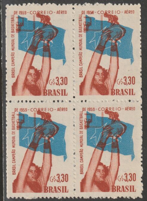 Brazil 1959 Basketball Championships 3c30 block of 4, one stamp with 1958 error unmounted mint, SG 1003var, stamps on , stamps on  stamps on basketball