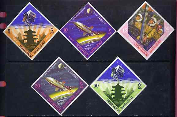 Jordan 1965 Space Achievements diamond shaped imperf set of 5 unmounted mint, as SG 682-86, Mi 541-45B*, stamps on space      satellites           diamond