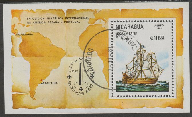 Nicaragua 1981 Sailing Ships - Espans Stamp Exhibition m/sheet fine cds used, SG MS2303, stamps on , stamps on  stamps on ships, stamps on  stamps on stamp exhibitions, stamps on  stamps on maps