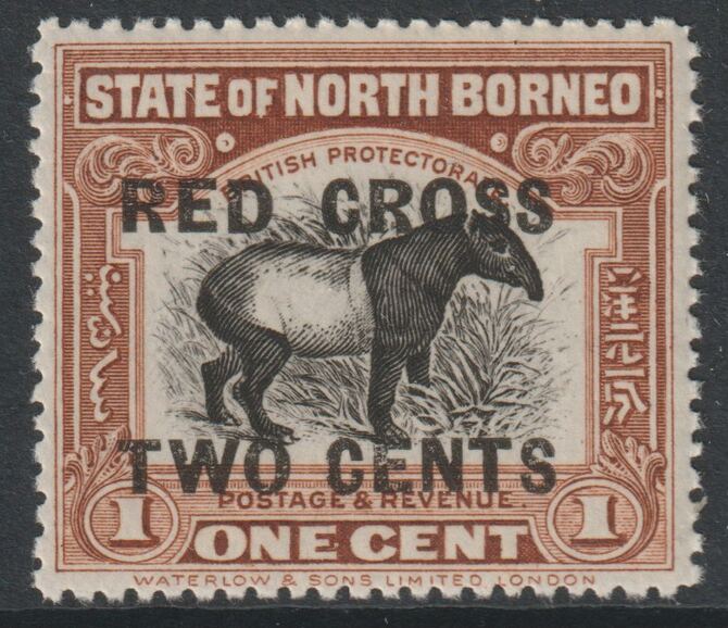North Borne 1918 Red Cross opt on 1c Tapir  + 2c unmounted mint SG 214, stamps on red cross, stamps on animals