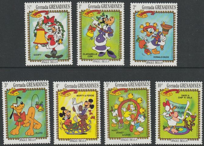 Grenada - Grenadines 1983 Christmas - Disney's Jingle Bells short set of 7 values  to 10c unmounted mint, as SG 568-74, stamps on disney, stamps on cartoons, stamps on films, stamps on cinema, stamps on christmas, stamps on dogs