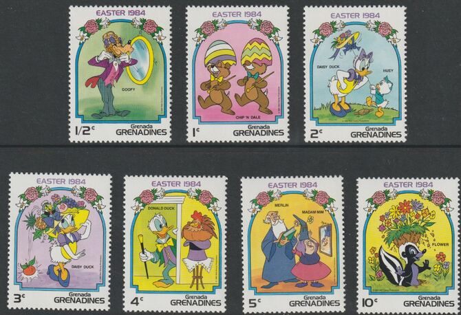 Grenada - Grenadines 1984 Easter - Disney Characters short set of 7 values  to 10c unmounted mint, as SG 588-94, stamps on disney, stamps on cartoons, stamps on films, stamps on cinema, stamps on easter