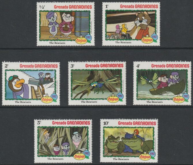 Grenada - Grenadines 1982 Christmas - Disney's The Rescuers short set of 7 values  to 10c unmounted mint, as SG 527-33, stamps on disney, stamps on cartoons, stamps on films, stamps on cinema, stamps on christmas, stamps on dogs