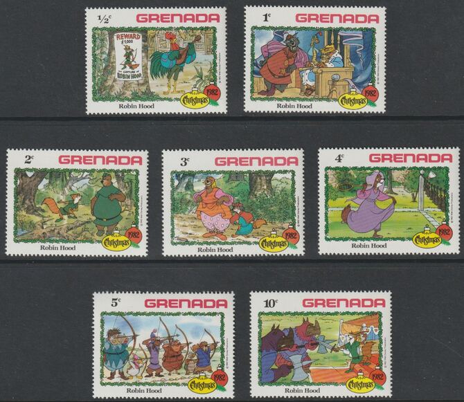 Grenada 1982 Christmas - Disney's Robin Hood short set of 7 values  to 10c unmounted mint, as SG 1222-28, stamps on disney, stamps on cartoons, stamps on films, stamps on cinema, stamps on christmas, stamps on archery