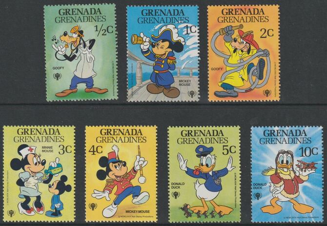 Grenada - Grenadines 1979 International Year of The Child - Walt Disney Characters short set of 7 to 10c unmounted mint, SG 354-60, stamps on disney, stamps on children, stamps on , stamps on  iyc , stamps on , stamps on fire, stamps on police, stamps on telescopes