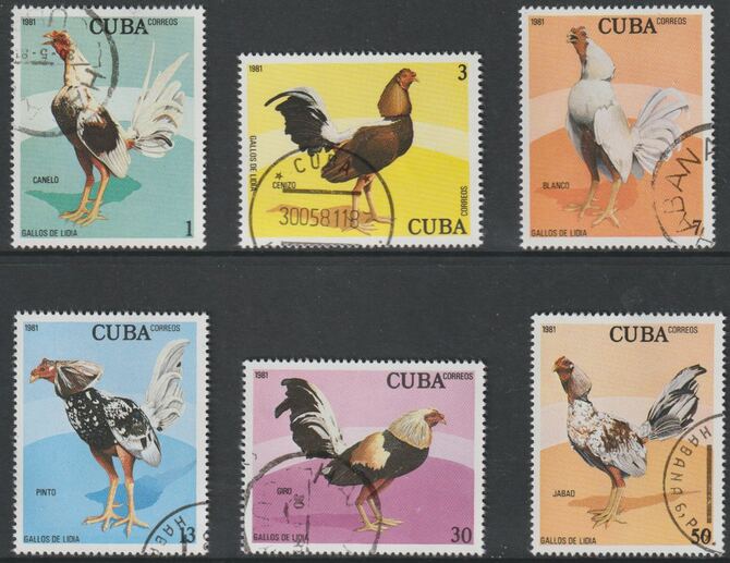 Cuba 1981 Fighting Cocks complete perf set of 6 fine cds used, SG2718-23, stamps on , stamps on  stamps on birds, stamps on  stamps on cocks, stamps on  stamps on chickens
