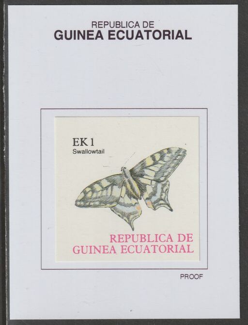 Equatorial Guinea 1977 Butterflies EK1 (Swallowtail) proof in issued colours mounted on small card - as Michel 1197, stamps on butterflies