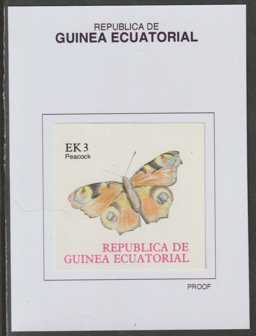 Equatorial Guinea 1977 Butterflies EK3 (Peacock) proof in issued colours mounted on small card - as Michel 1198, stamps on butterflies