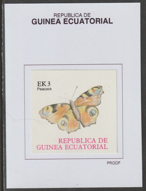 Equatorial Guinea 1977 Butterflies EK3 (Peacock) proof in issued colours mounted on small card - as Michel 1198, stamps on , stamps on  stamps on butterflies