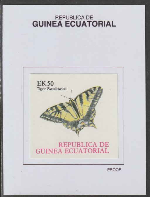 Equatorial Guinea 1977 Butterflies EK50 (Tiger Swallowtail) proof in issued colours mounted on small card - as Michel 1202, stamps on butterflies