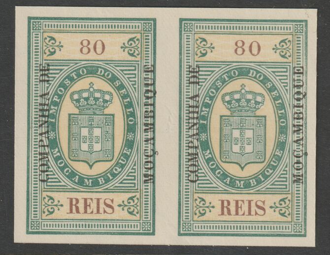 Mozambique Company 1892 Stamp Tax 80r imperf pair without gum, stamps on revewnues