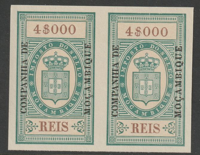 Mozambique Company 1892 Stamp Tax 4,000r imperf pair without gum, stamps on , stamps on  stamps on revewnues