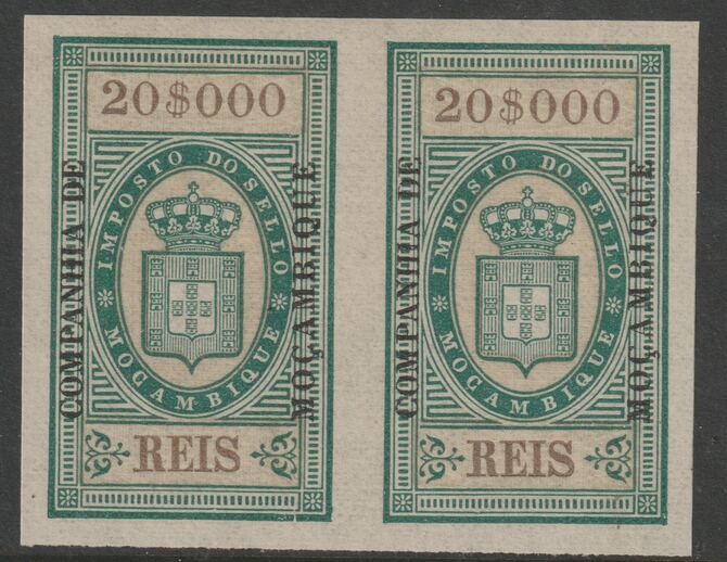 Mozambique Company 1892 Stamp Tax 20,000r imperf pair with gum, stamps on , stamps on  stamps on revewnues