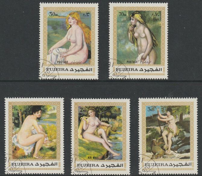 Fujeira 1970 Nude Paintings by Renoir perf set of 5 fine cds used Mi 648-52, stamps on arts, stamps on nudes, stamps on renoir