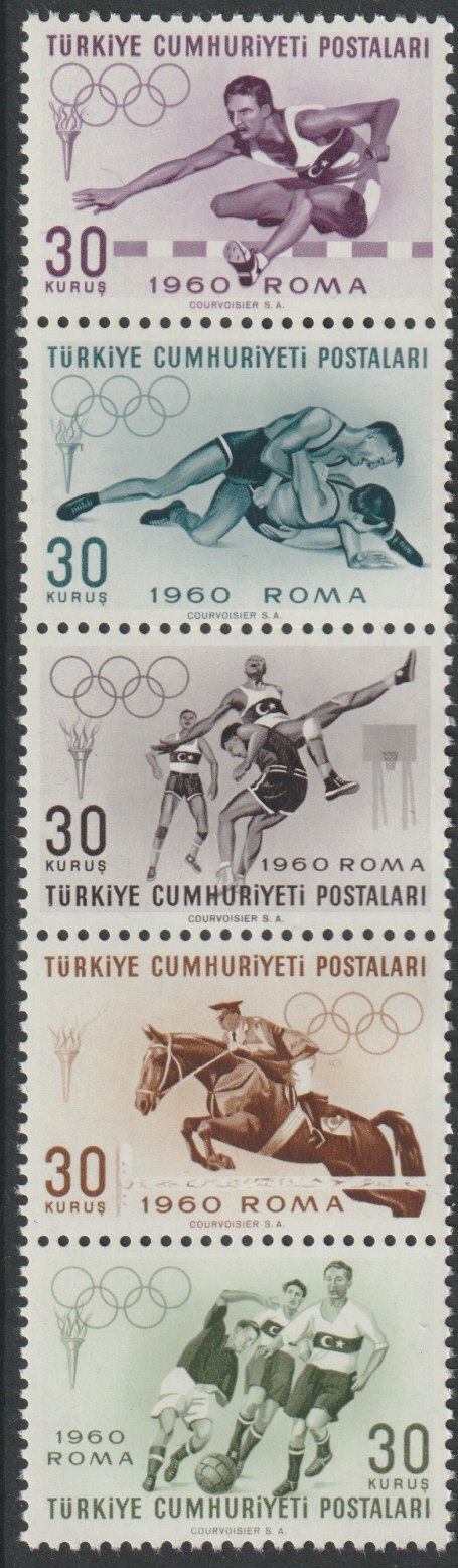Turkey 1960 Olympic Games perf strip of 5 unmounted mint SG 1911-15, stamps on olympics, stamps on football, stamps on hurdles, stamps on wrestling, stamps on show jumping, stamps on basketball