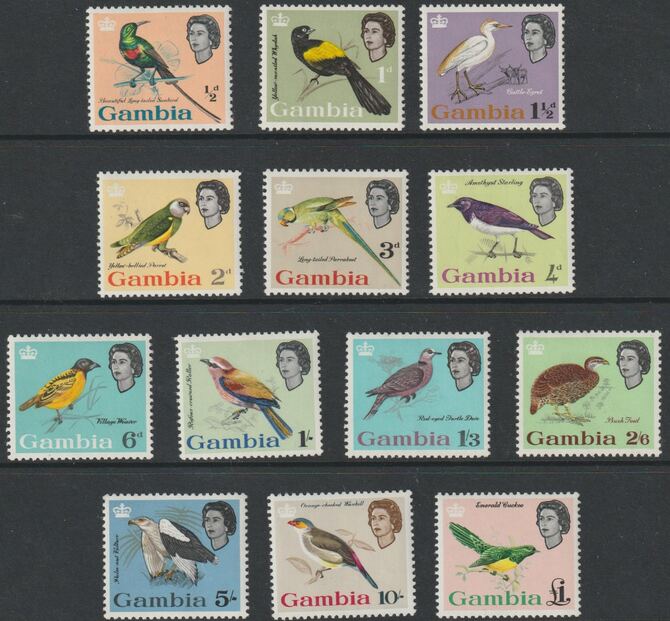 Gambia 1963 Birds complete def set of 13 values lightly mounted SG 192-205, stamps on , stamps on  stamps on birds, stamps on  stamps on 