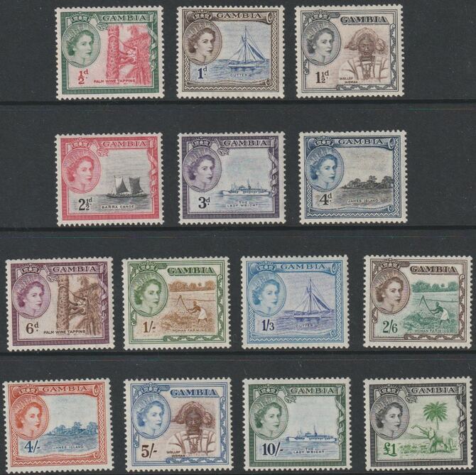 Gambia 1953 QEII Pictorial def set (ex 2s) 14 values lightly mounted SG 171-85 (cat Â£100), stamps on 