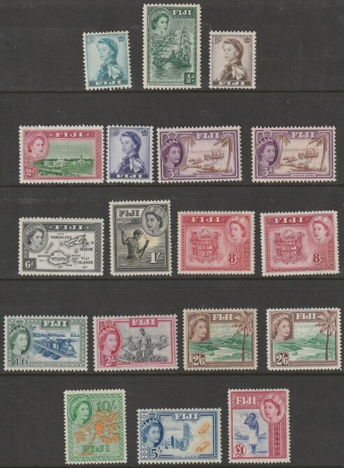 Fiji 1954 QEII Pictorial def set complete plus 3d,8d & 2s6d shades, 18 values lightly mounted SG 280-95 (cat Â£127), stamps on 