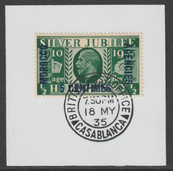 Morocco Agencies - French 1935 KG5 Silver Jubilee 5c on 1/2d on piece with full strike of Madame Joseph forged postmark type 85, stamps on , stamps on  stamps on , stamps on  stamps on  kg6 , stamps on  stamps on forgery, stamps on  stamps on silver jubilee