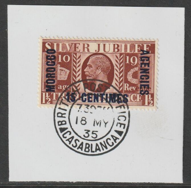 Morocco Agencies - French 1935 KG5 Silver Jubilee 15c on 1.5d on piece with full strike of Madame Joseph forged postmark type 85, stamps on , stamps on  kg6 , stamps on forgery, stamps on silver jubilee