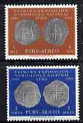 Peru 1959 National Numismatic Exhibition set of 2, SG 845-46 unmounted mint*, stamps on coins      currency