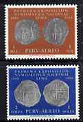 Peru 1959 National Numismatic Exhibition set of 2, SG 845-46 unmounted mint*, stamps on coins      currency