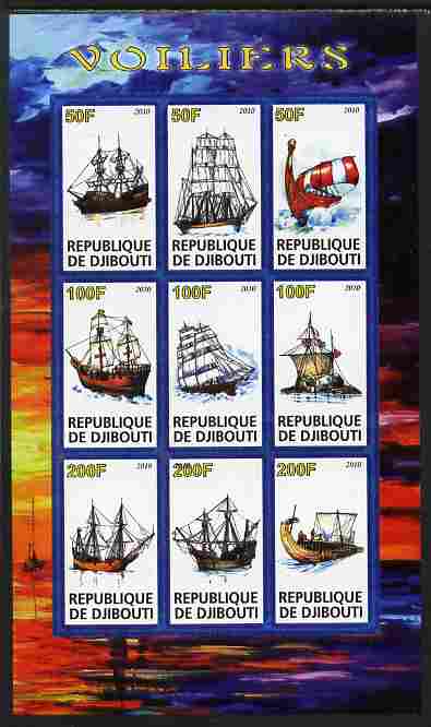 Djibouti 2010 Sailing Ships imperf sheetlet containing 9 values unmounted mint, stamps on , stamps on  stamps on ships