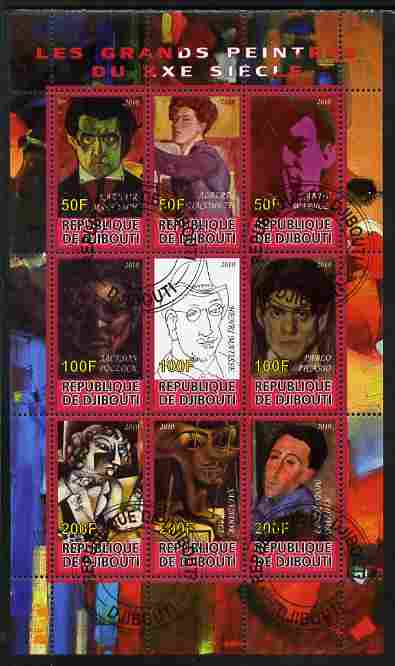 Djibouti 2010 Great Artists of the 20th Century perf sheetlet containing 9 values fine cto used, stamps on personalities, stamps on arts, stamps on picasso, stamps on warhal, stamps on pollock, stamps on chagall, stamps on dali, stamps on modigliani