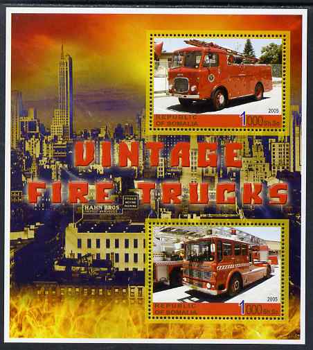 Somalia 2005 Vintage Fire Trucks #02 perf sheetlet containing 2 values unmounted mint. Note this item is privately produced and is offered purely on its thematic appeal, stamps on , stamps on  stamps on fire