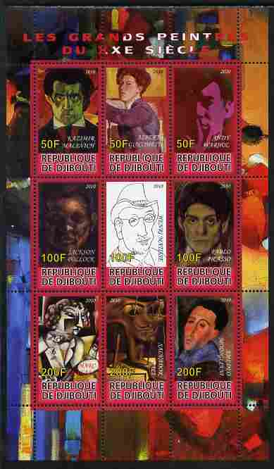 Djibouti 2010 Great Artists of the 20th Century perf sheetlet containing 9 values unmounted mint, stamps on personalities, stamps on arts, stamps on picasso, stamps on warhal, stamps on pollock, stamps on chagall, stamps on dali, stamps on modigliani