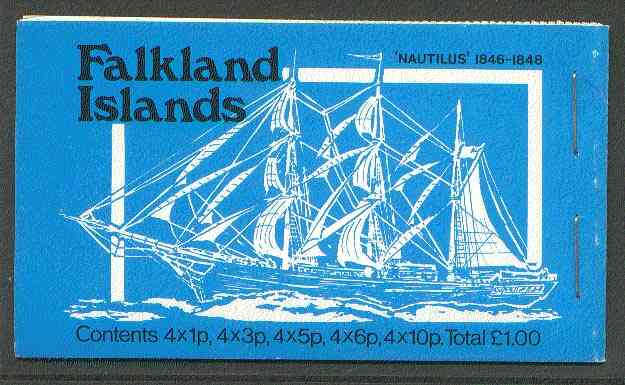 Falkland Islands 1979 Mailships £1 booklet (blue cover showing Nautilus & AES) complete, SG SB3, stamps on ships, stamps on 