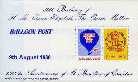 Cinderella - Great Britain 1980 Balloon Post 25p perf m/sheet commemorating the 80th Birthday of the Queen Mother unmounted mint, stamps on , stamps on  stamps on balloons, stamps on aviation, stamps on cinderella, stamps on royalty, stamps on  stamps on queen mother