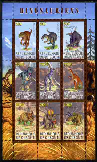 Djibouti 2010 Dinosaurs perf sheetlet containing 9 values unmounted mint, stamps on , stamps on  stamps on dinosaurs