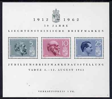 Liechtenstein 1962 Anniversary of First Postage Stamps m/sheet, SG MS 412a, Mi BL 6, stamps on , stamps on  stamps on stamp centenary