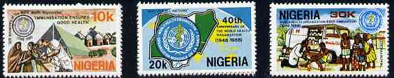 Nigeria 1988 World Health Organisation 40th Anniversary set of 3, SG 555-57 unmounted mint*, stamps on , stamps on  stamps on united nations, stamps on  stamps on  who , stamps on  stamps on medical, stamps on  stamps on ambulance