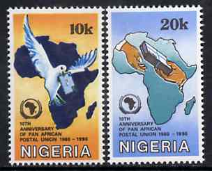 Nigeria 1990 Pan African Postal Union set of 2 (Dove & Map) unmounted mint SG 586-87*, stamps on , stamps on  stamps on postal      maps    dove