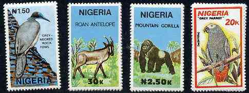 Nigeria 1990 Wildlife (Birds & animals) set of 4 unmounted mint, SG 599-602*, stamps on animals     birds     parrots     apes    antelope      gorilla      rock fowl