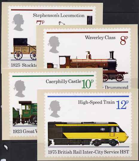 Great Britain 1975 150th Anniversary of Public Railways set of 4 PHQ cards unused and pristine cat A370, stamps on , stamps on  stamps on railways